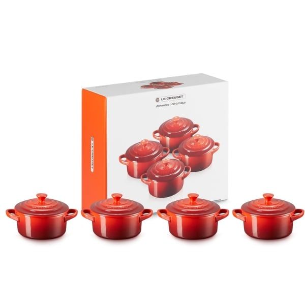 Set 4 thố có nắp LeCreuset mini - 2 đỏ, 2 cam