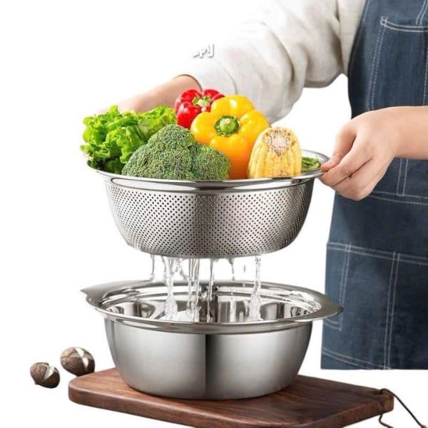 Set rổ chậu Inox Chockmen 27cm – Bộ Đôi Đa Năng, Chống Gỉ, Dễ Vệ Sinh