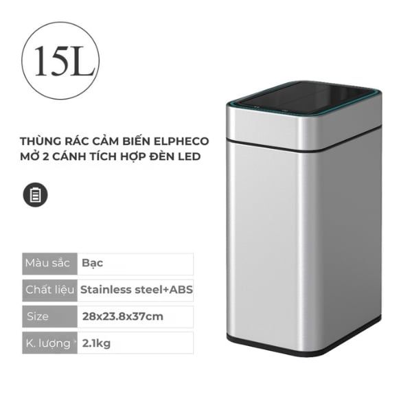 Thùng rác cảm biến Elpheco TwinLid Led 15L ELPH9830