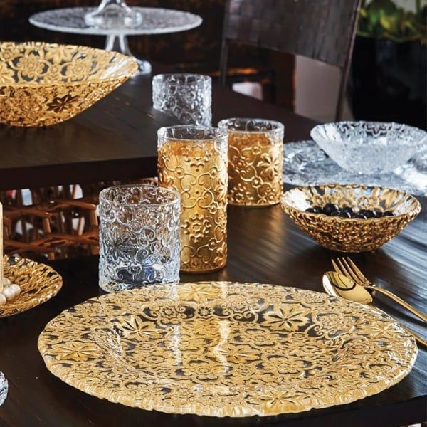 Tô IVV Arabesque Gold Leaf 25cm - Pha lê họa tiết lá vàng cao cấp