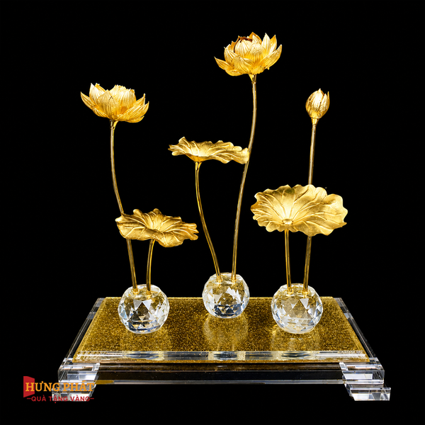 Hồ Sen 3 Nhánh Dát Vàng 24K (29x16x39cm)