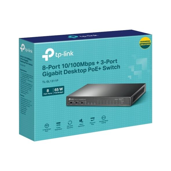 Switch PoE+ 8 Cổng TP-Link TL-SL1311P (8 Cổng PoE+, 65W, 2 Gigabit RJ45, 1 SFP, Extend 250m), cho phép tách lưu lượng giữa các cổng