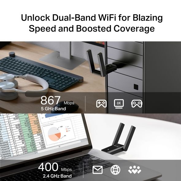 USB Adapter WiFi TP-Link Archer T5U Plus AC1300 – USB 3.0, 2 Ăng-ten Giảm suy hao khi xuyên tường