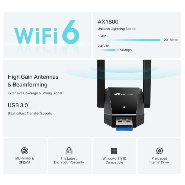 USB Adapter WiFi 6 AX1800 TP-Link Archer TX30U Plus,USB 3.0 Truyền dữ liệu nhanh, giảm lag rõ rệt