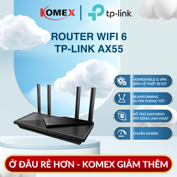 Bộ Phát Sóng Router WiFi 6 AX3000 TP-Link Archer AX55 EasyMesh, USB 3.0 Chia sẻ dữ liệu nhanh chóng