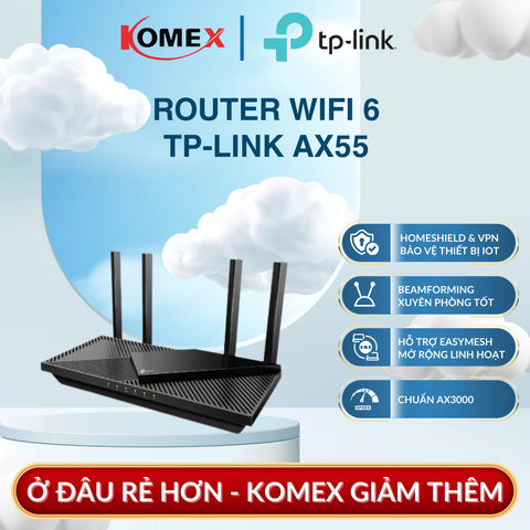 Bộ Phát Sóng Router WiFi 6 AX3000 TP-Link Archer AX55 EasyMesh, USB 3.0 Chia sẻ dữ liệu nhanh chóng
