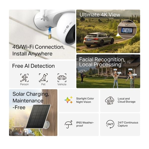 Camera Năng lượng mặt trời Tapo C665G KIT, 4K, 8MP, Dùng SIM 4G và Wi-Fi băng tần kép