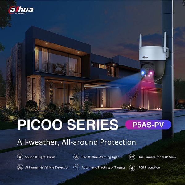 Camera ngoài trời Wifi 6 băng tần kép DAHUA DH-P5AS-PV, 5Mp, đàm thoại, Full Color