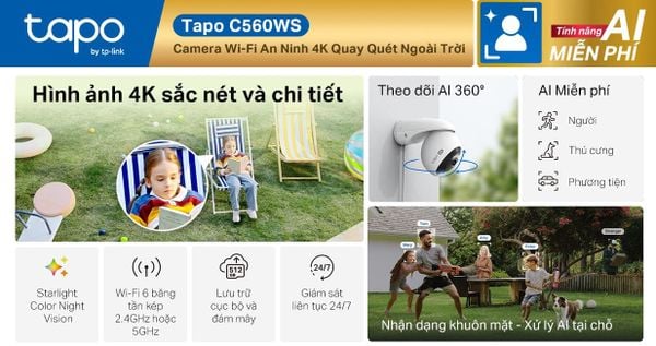Camera IP ngoài trời Wi-Fi 6 bằng tần kép, TP-Link Tapo C560WS, 8MP, 360 độ