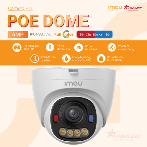 Camera IP PoE Dome Ngoài trời IMOU IPC-PS8D-5V0, 5MP, Đàm thoại