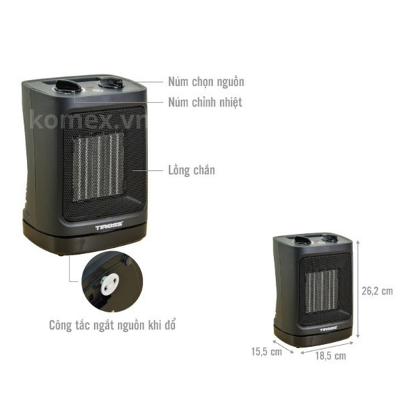 Máy sưởi gốm Ceramic Tiross TS9442 (2000W), Tự ngắt khi đổ, Không khô da