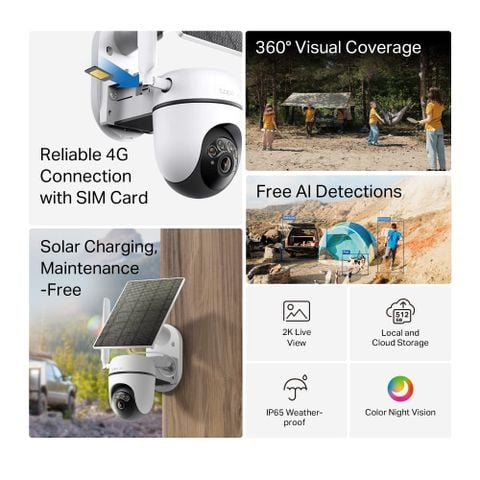 Camera 4G năng lượng mặt trời Tapo C615G-KIT, 2K 3MP, AI 360°, Solar, IP65