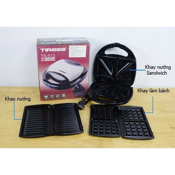 Kẹp nướng điện sandwich Tiross TS513, Công suất 460W, Chống dính cao cấp