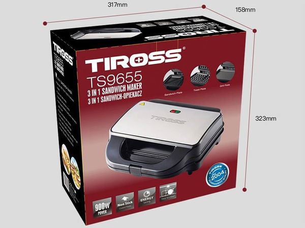 Máy nướng bánh mì sandwich Tiross TS9655 có 3 khay nướng tiện lợi, Tự động ngắt điện khi quá nhiệt