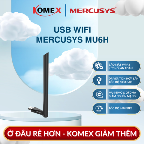 USB Adapter WiFi Mercusys MU6H AC650, hỗ trợ tốc độ Wi-Fi tổng lên đến 650Mbps