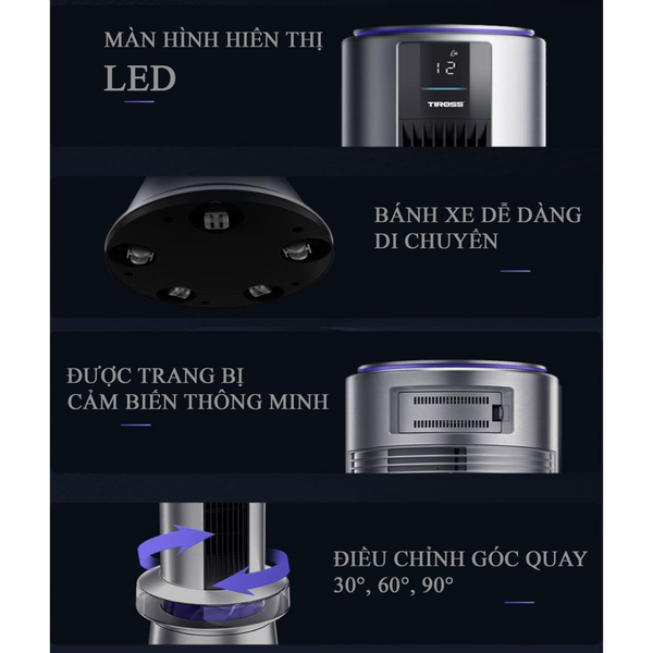 Quạt Tháp Không Cánh Kết Hợp Lọc Không Khí Tiross TS9188 Màng Lọc HEPA H13, 55W Siêu Tiết Kiệm Điện