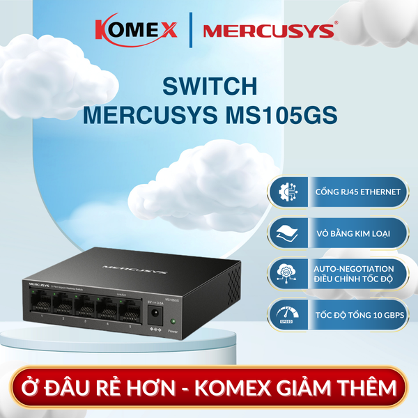 Switch Mercusys MS105GS 5 Cổng Gigabit 10/100/1000Mbps Vỏ Kim Loại, giúp thiết bị tự động nhận diện tốc độ và loại cáp