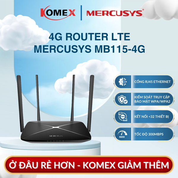 Router WiFi 4G LTE 300Mbps Mercusys MB115-4G Chuẩn N, đáp ứng tốt nhu cầu sử dụng Internet hằng ngày