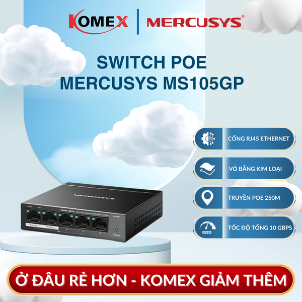 Switch PoE+ Gigabit 5 Cổng Mercusys MS105GP (4 Cổng PoE+, 65W, Extend 250m), Truyền trên cùng một dây Ethernet