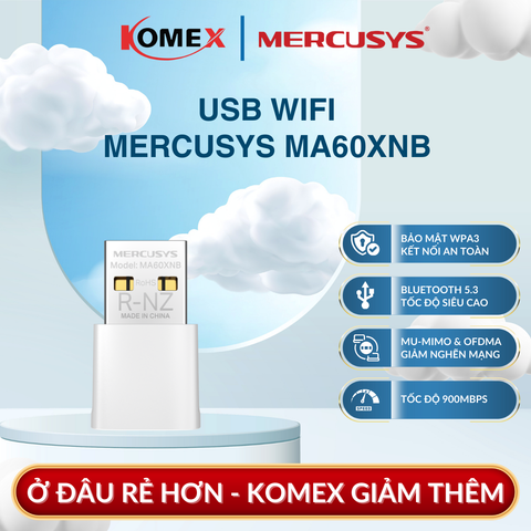USB Adapter WiFi 6 AX900 MERCUSYS MA60XNB, Bluetooth 5.3 tích hợp sẵn driver, hỗ trợ Windows 10/11