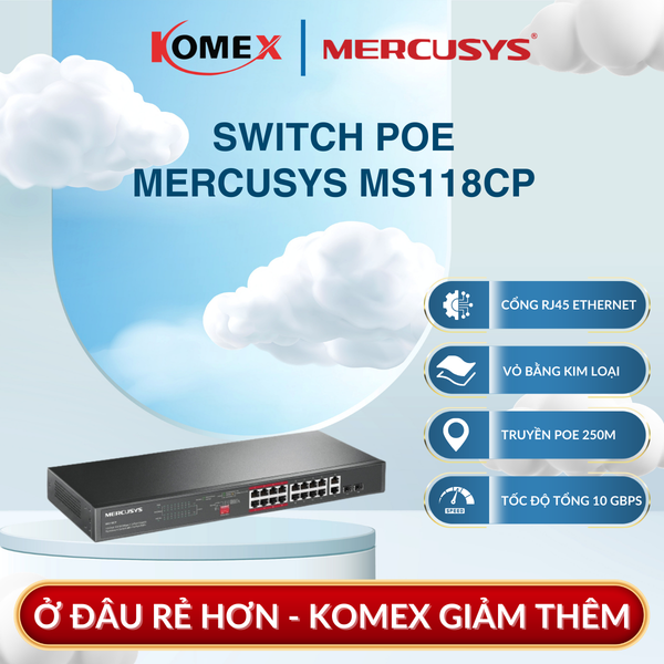 Switch PoE+ Gắn Tủ Rack Mercusys MS118CP (16 Cổng PoE+, 190W, Gigabit & SFP), Đáp ứng cho nhiều camera IP, access point