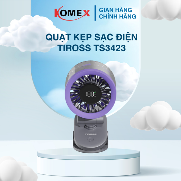 Quạt kẹp sạc điện USB Tiross TS3423 đa năng, pin 3600mAh cùng 100 cấp gió linh hoạt