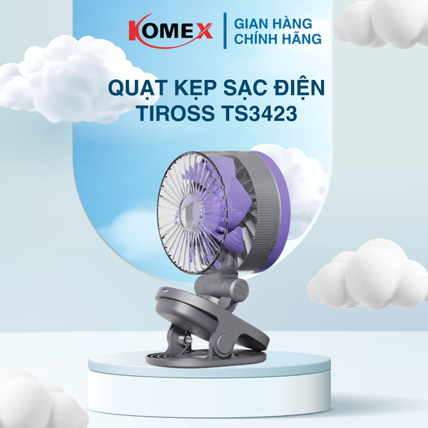 Quạt kẹp sạc điện USB Tiross TS3423 đa năng, pin 3600mAh cùng 100 cấp gió linh hoạt