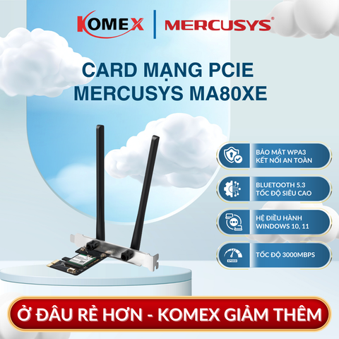 Card mạng PCIe Adapter Wi-Fi 6 Mercusys MA80XE AX3000 Bluetooth 5.3 Hai Ăng-ten