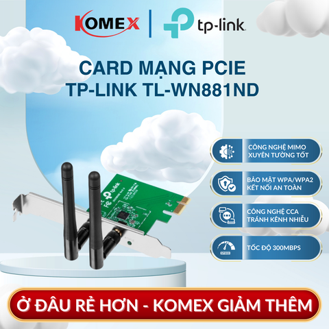 Card mạng PCIe Wi-Fi TP-Link TL-WN881ND 300Mbps chuẩn N Giảm xung đột sóng Wi-Fi