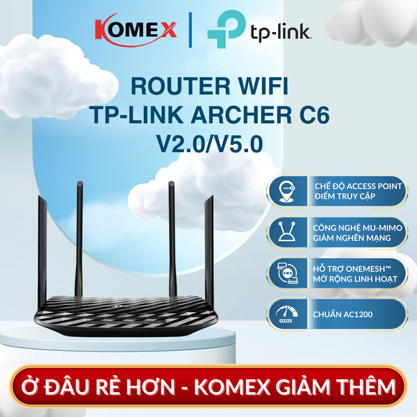 Bộ Phát Sóng Router WiFi AC1200 TP-Link Archer C6 V2.20 4 ăng-ten ngoài và 1 ăng-ten ngầm