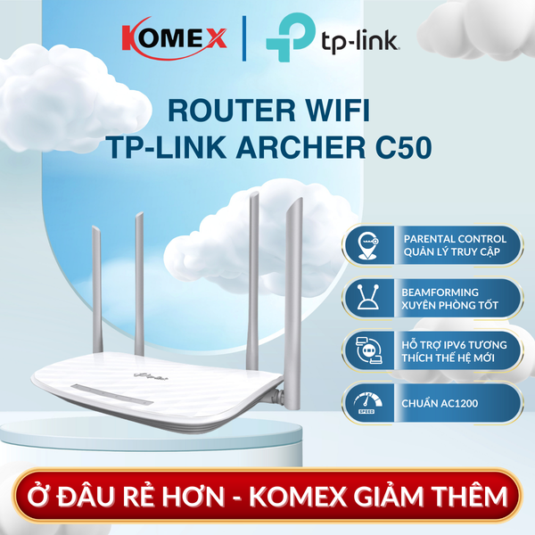 Bộ Phát Sóng Router WiFi AC1200 TP-Link Archer C50 chuẩn 802.11AC tốc độ nhanh hơn gấp 3 lần so với WiFi N