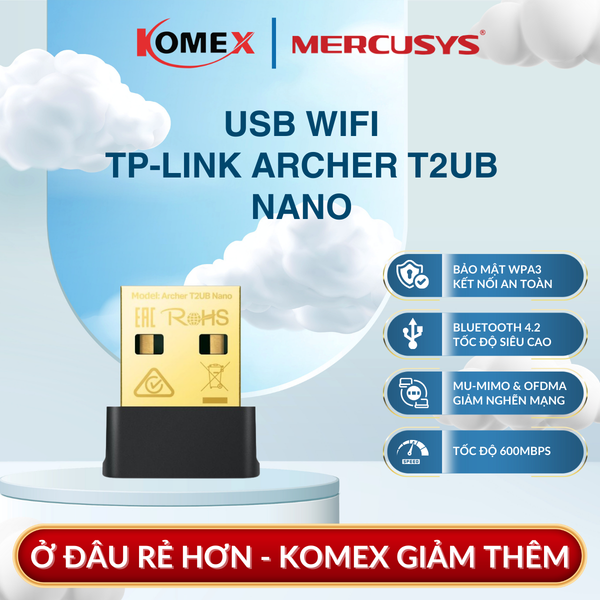USB Adapter WiFi 600 Mbps TP-Link Archer T2UB, T2U Nano AC600, Bluetooth 4.2, Bảo mật nâng cao