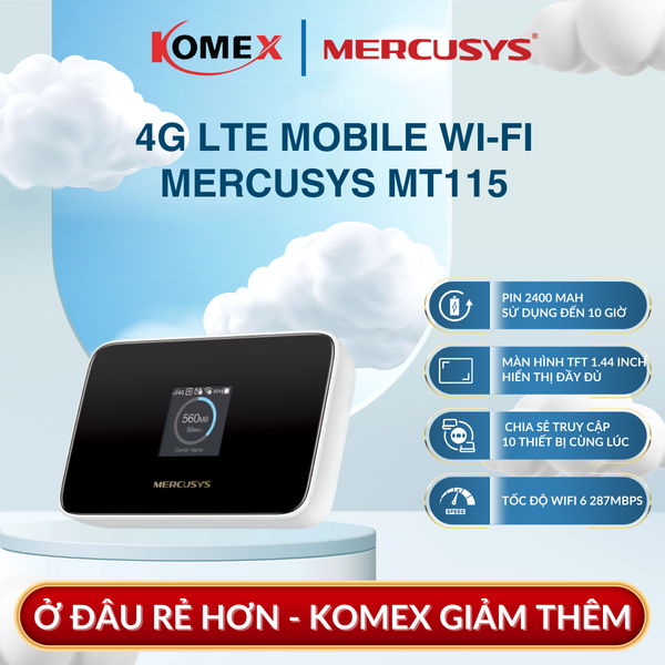 Bộ phát WiFi 4G LTE di động Mercusys MT115 WiFi 6 AX300 pin 2400mAh, Nano SIM