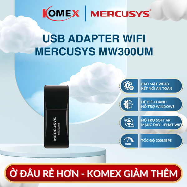 USB Adapter Wi-Fi 300Mbps Mercusys MW300UM Chuẩn N – Băng tần 2.4GHz Gọn Nhẹ Kết Nối Ổn Định