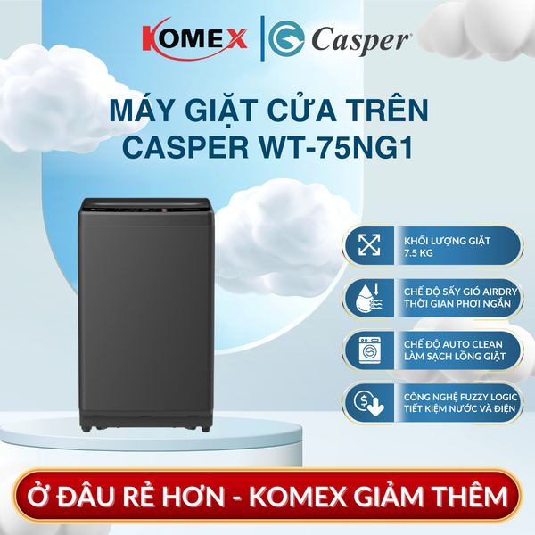 Máy Giặt Cửa Trên Casper WT-75NG1 7.5 Kg Hệ Truyền Động Dây Curoa Giảm Rung Lắc Và Tiếng Ồn