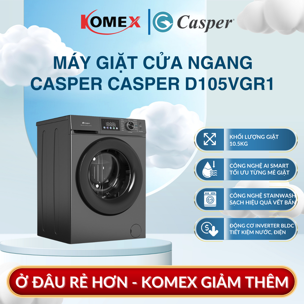 Máy giặt cửa ngang Casper Inverter 10.5kg WFD105VGR1, giặt hơi nước, 1200 vòng/phút