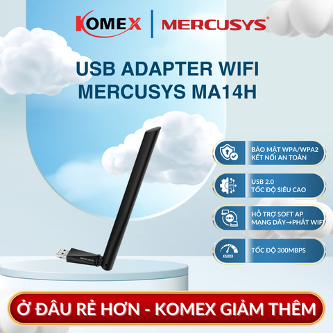 USB Adapter Wi-Fi 6 Mercusys MA14H AX300, cho tốc độ lên đến 287Mbps trên băng tần 2.4GHz