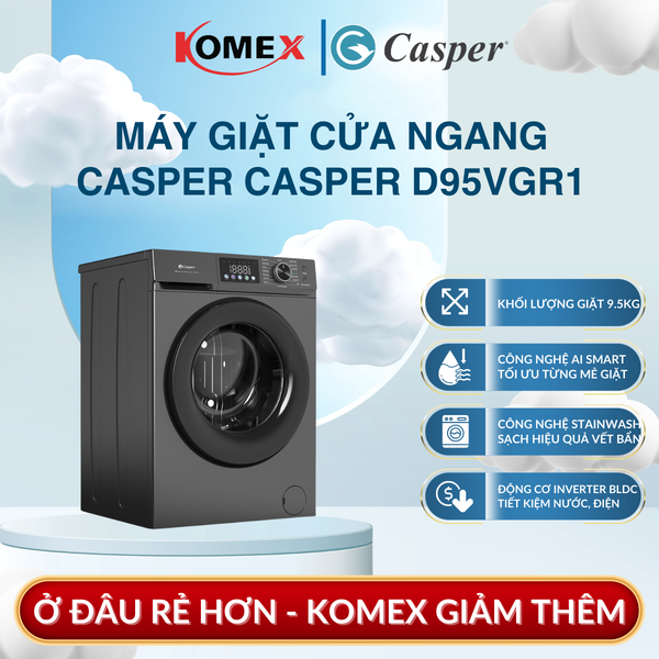 Máy giặt cửa ngang Casper Inverter 9.5kg WF-D95VGR1, AI Smart, giặt hơi nước Steam Wash