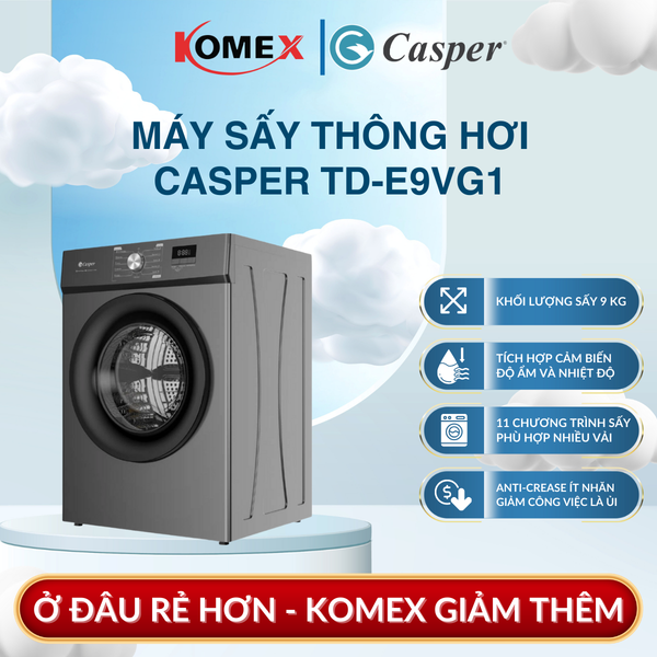 Máy Sấy Quần Áo Casper 9kg Sấy Thông Hơi, 11 Chương Trình Chống Nhăn Hiệu Quả Từng Loại Vải