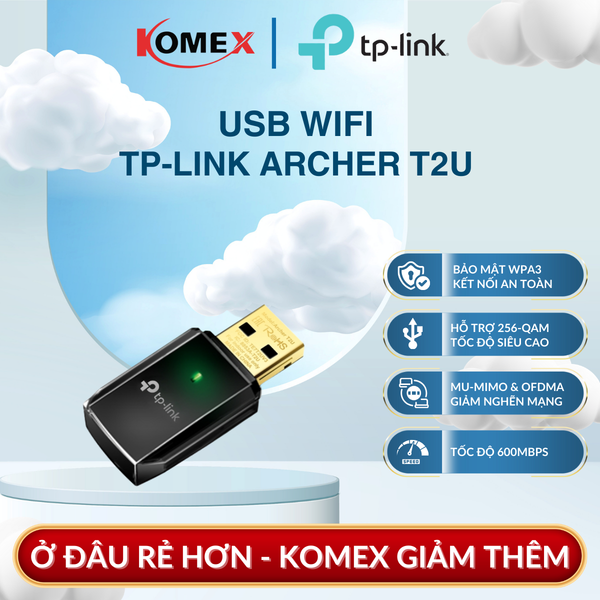 USB Adapter WiFi TP-Link Archer T2U AC600 chuẩn N, hỗ trợ chuẩn điều chế 256-QAM