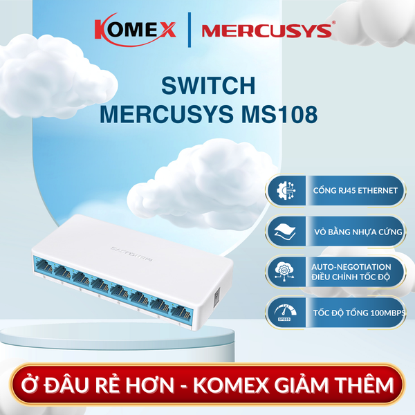 Switch Mercusys MS108 – Bộ Chia Mạng Mini 8 Cổng 10/100Mbps, Không cần cài đặt phần mềm hay cấu hình