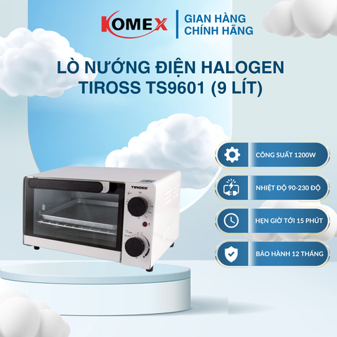 Lò nướng điện halogen Tiross TS9601 (9 lít), Công suất 1200W, Nướng nhanh, Hẹn giờ thông minh