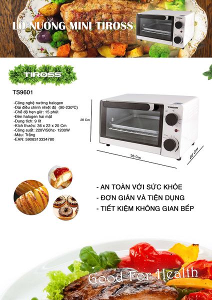 Lò nướng điện halogen Tiross TS9601 (9 lít), Công suất 1200W, Nướng nhanh, Hẹn giờ thông minh