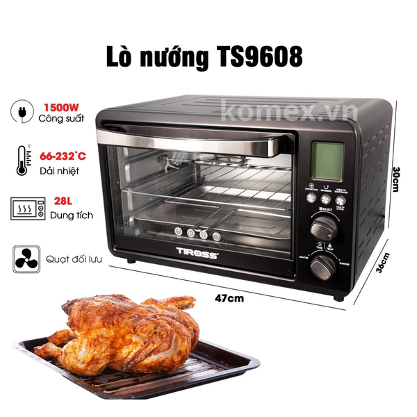 Lò nướng thùng Tiross TS9608 28L, Công suất 1500W, Hẹn giờ tới 60 phút