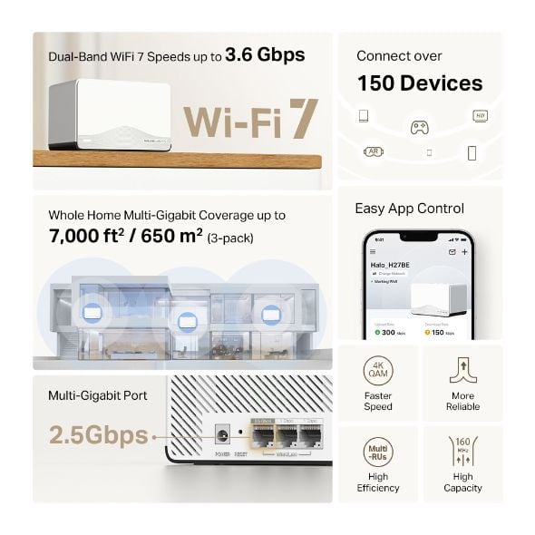 Hệ thống Mesh WiFi 7 Mercusys Halo H27BE (3-Pack), H27BE (2-pack) chuẩn BE3600 giảm tắc nghẽn mạng
