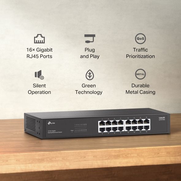 Switch Gigabit 16 Cổng TP-Link LS1016G – Vỏ Kim Loại, Hỗ trợ Auto Negotiation tự động nhận tốc độ kết nối