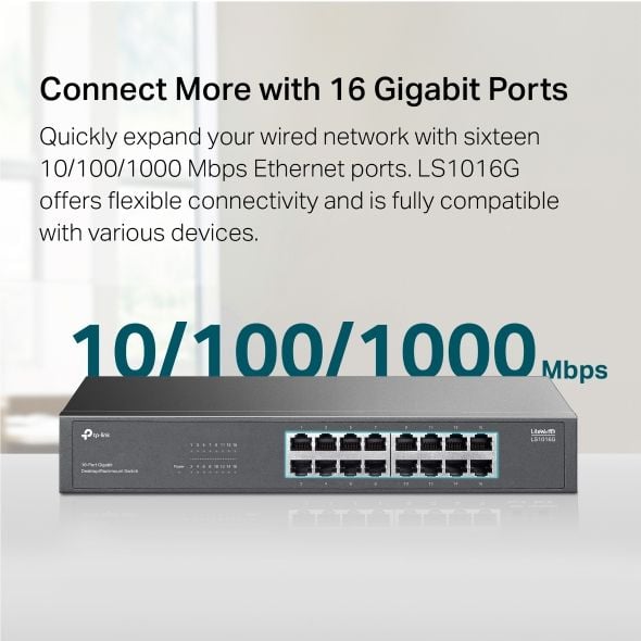 Switch Gigabit 16 Cổng TP-Link LS1016G – Vỏ Kim Loại, Hỗ trợ Auto Negotiation tự động nhận tốc độ kết nối