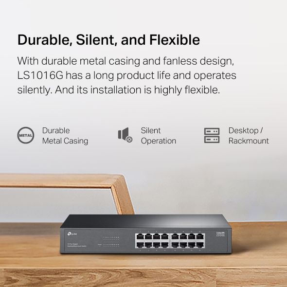 Switch Gigabit 16 Cổng TP-Link LS1016G – Vỏ Kim Loại, Hỗ trợ Auto Negotiation tự động nhận tốc độ kết nối