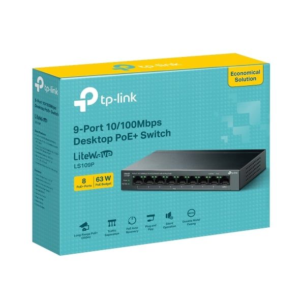 Switch PoE TP-Link LS109P Cổng Uplink 10/100Mbps 8 Cổng PoE+ 63W, Thiết kế không quạt, Vỏ Kim Loại