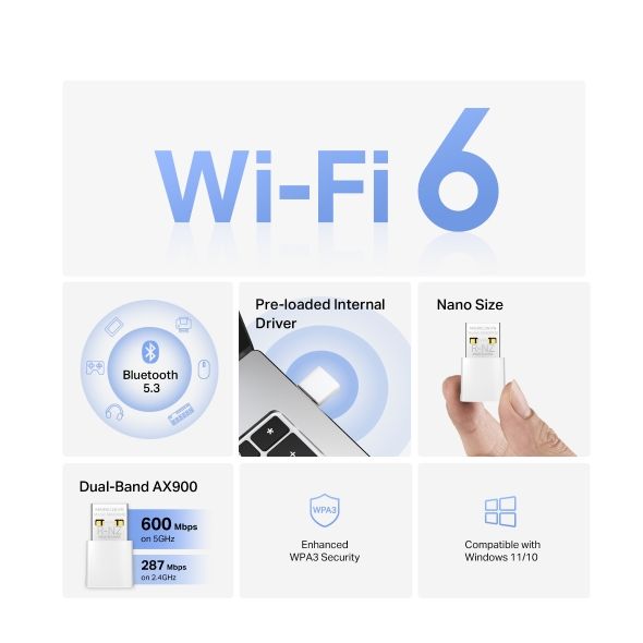 USB Adapter WiFi 6 AX900 MERCUSYS MA60XNB, Bluetooth 5.3 tích hợp sẵn driver, hỗ trợ Windows 10/11
